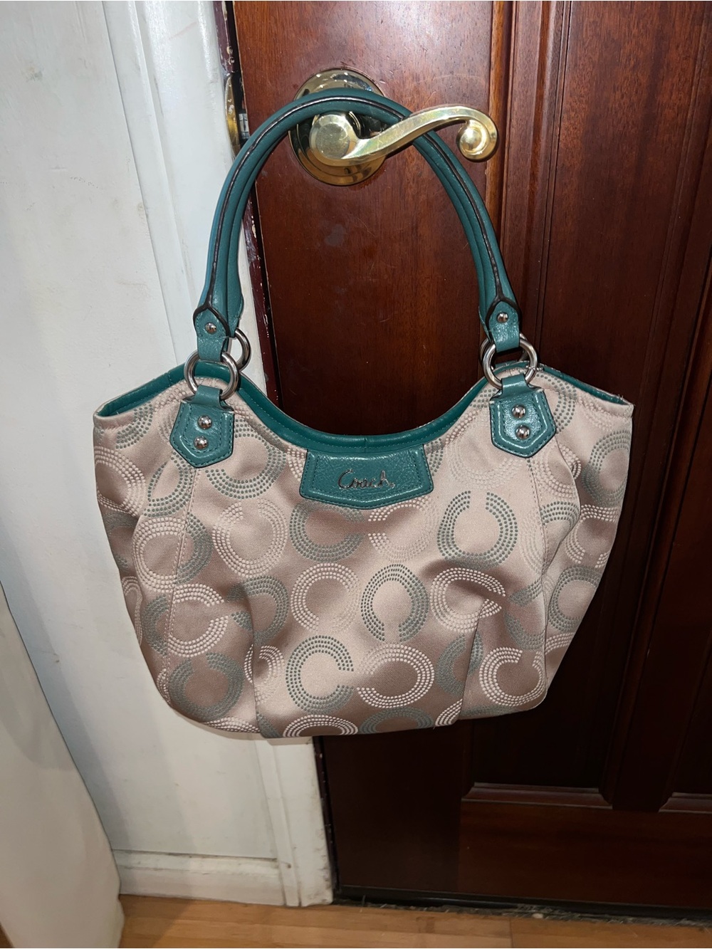 Coach Teal Trim Signature Tote Bag - Beige with Teal Accents